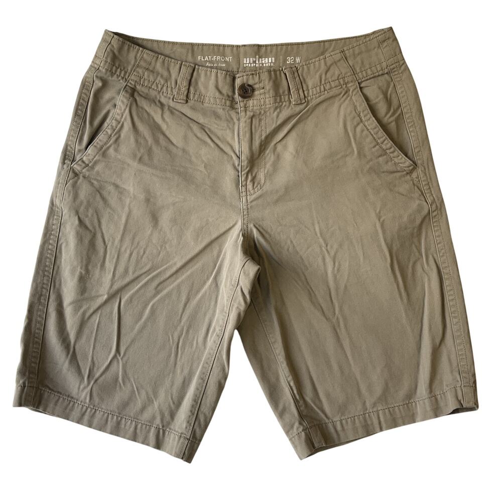 Urban Pipeline Men Shorts 32W Khaki Chino Twill Casual Button 11" Inseam Flat